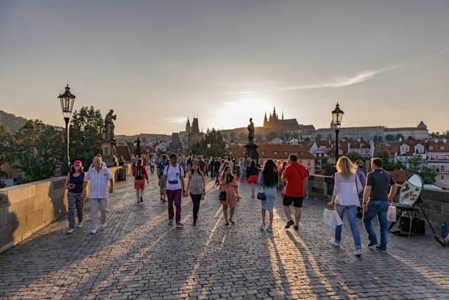 Prague, Czech Republic people walking on charles bridge in Czech Republic